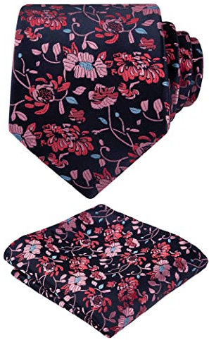 Alizeal Herren-Krawatte mit Einstecktuch, 8 cm, Blumenmuster, elegant, für Hochzeit, Business, 148 - Marineblau + Rot + Koralle, Einheitsgröße