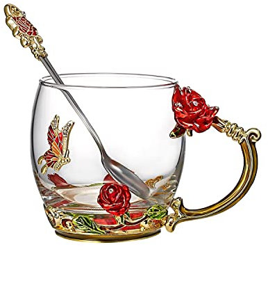 INTIRILIFE Taza de té de mariposa Taza de flores Taza de café - 330 ml - De vidrio resistente al calor con cuchara - Regalo perfecto para el Día de la Madre, cumpleaños, boda, hecho a mano