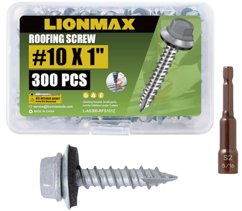 LIONMAX 300 tornillos de metal para techos #10 x 1 pulgada, tornillo de cabeza hexagonal para revestimiento de madera con arandela de goma, punta afilada, enchufe hexagonal incluido