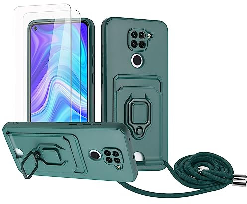 Zallagre Funda con Cuerda Compatible con Redmi Note 9,[2 Packs Cristal Templado],Ranura para Tarjetas,Cubierta de Cámara Deslizante Proteger,360 Anillo Soporte-Verde Oscuro