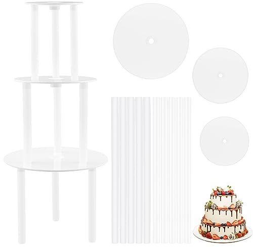 Frevoitna Tortenständer, wiederverwendbare kunststoff tortenstützen, hochzeitstortenständer für mehrstöckige Gestapelte torten Gebursttag Party, Kuchenbasis (9 cm, 12 cm, 16 cm) mit 21 tortendübel