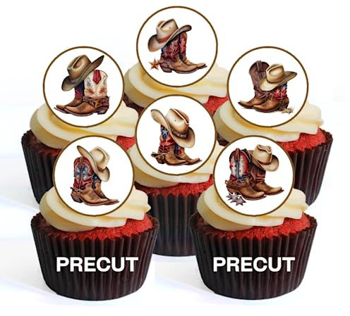 Cowboy Boots Edible Cupcake Toppers - Western Themed Cake Decorations with Cowboy Hat & Rodeo Style - wafer card PRECUT 4cm/1.5 Inch Discs (Pack of 24)
