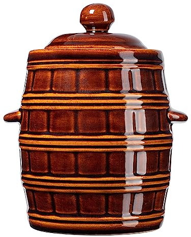 KADAX Steinzeugtopf, Dichter Keramiktopf mit Wasserrinne und Deckel, Spülmaschinenfester Steinguttopf, Gärtopf aus Keramik, Einlegtopf für Gurken (Braun, 3.2L)