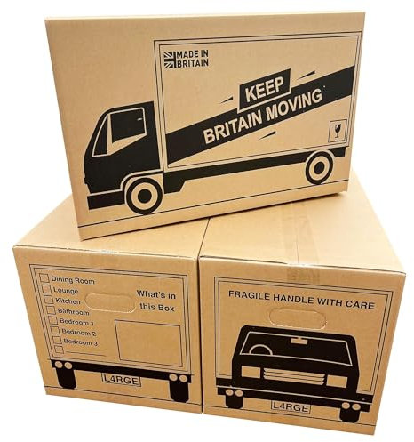 Strong Large Cardboard Storage Moving House Packing Boxes 52cm x 30cm x 30cm 47 Litres Carry Handles and Room List (5)