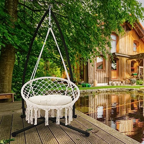 ECD Germany Hängesessel Beige mit Gestell Schwarz 208 cm, Hängestuhl mit Makramee, Geflochten Fransen Hängeschaukel Baumwolle Ø60cm, Freistehendes Metall Hängesesselgestell Hängestuhlgestell Hängesitz