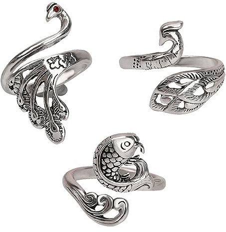 3 Stück Verstellbare Strickschlaufe Häkelring Pfau Fisch Phoenix Metall Gewebte Ringe Offener Ring Finger Halter Zubehör Für Basteln Handweben Haken Line Supplies (Silber)