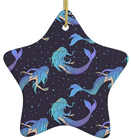 Weihnachtsschmuck für Baumdekoration, Meerjungfrau, die im Meer schwimmt, weiße Keramik-Hängedekoration, Christbaumschmuck, Christbaumkugel, Heimdekoration (sternförmig)