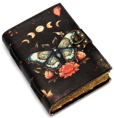 The Gifts Connect Handgefertigtes Hexen-Tagebuch aus Leder – Vintage Luna Motten-Tagebuch, Buch der Schatten, Tagebuch mit 200 Seiten, Hexentagebuch zum Schreiben, Grimoire und Skizzieren (12,7 x 17,8