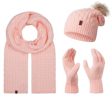 Rock Creek Winter Mütze mit Bommel Schal Set Geschenkset Wintermütze Winterschal Winterhandschuhe Herrenmütze Damenmütze U-102 Rosa Einheitsgröße