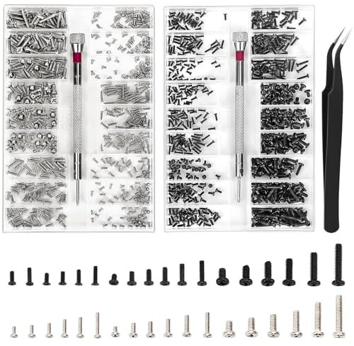 XIATIAN 1000 Stück Kleine Schrauben Set, M1.2 M1.4 M2 Winzige Mikroschrauben, Uhrenbrille Computer Ersatzschrauben mit Schraubendreher Pinzette für Brillen Schrauben, Uhren, Maus, Lapto (L+N)