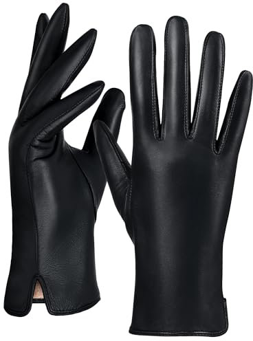 GSG SINCE 1998 Touchscreen Lederhandschuhe Damen – Chromfreies Schaffell, warm gefüttert mit Wolle, Ideal zum Autofahren im Winter Schwarz S