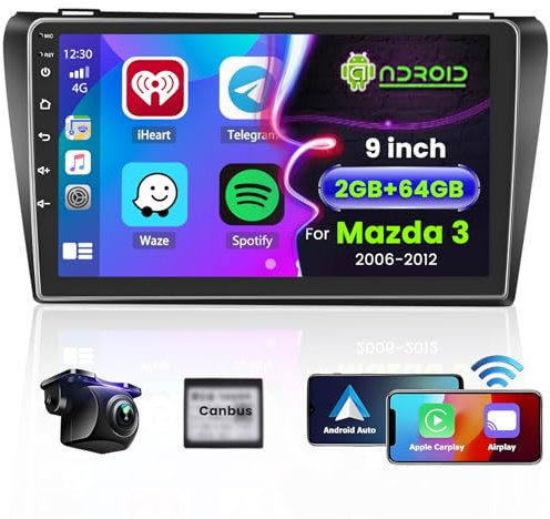 Hikity 2G+64G Android Autoradio per Mazda 3 2006-2012 con Wireless Carplay Android Auto 9Pollici Car Radio Stereo con GPS Navi WiFi DSP FM RDS Bluetooth Telecamera Posteriore MIC Mirror Link
