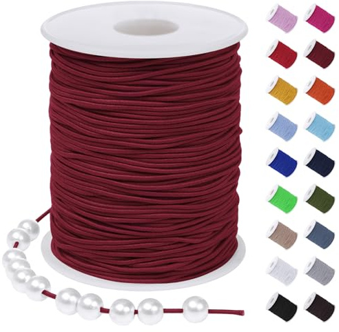 CAMAL Cordino elastico in poliestere 1 mm per perline 100 m filo elastico filato intrecciato cordino per artigianato, corda elastica per bracciali, fai da te, collane, colore rosso scuro