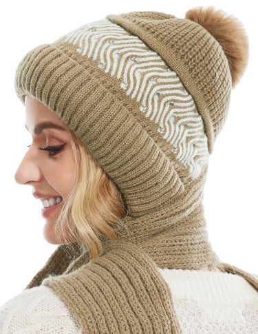 Knuffnee Damen Winter Warme Mütze Winddichter Kapuzenschal Weiche Strickmütze Fleece Gefüttert Mütze Schal 2 in 1 Khaki