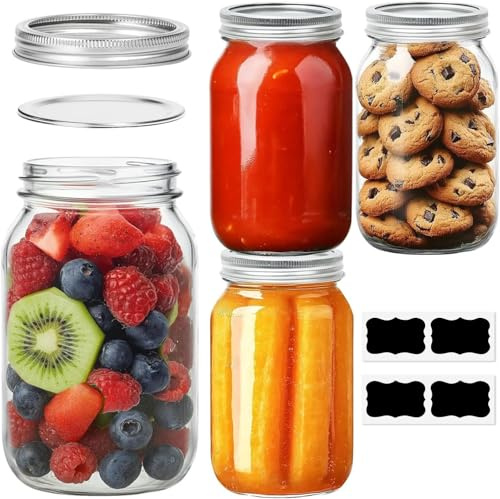 ComSaf Mason Jars with Lids 960ml 4 Pack, Glass Jars with Lids for Pickle | Pickling Jars with Airtight Two-Piece Lids, Preserves, Chutney, Fermented Vegetables, Salad, Overnight Oats, Pantry Storage