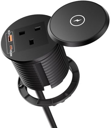 Desk Power Grommet with Wireless Charger, Ohuo Desk Power Socket with USB C 20W and USB A Port 1,8m Cable, Black