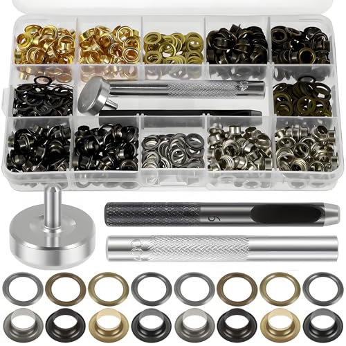 520 Pcs Eyelet Punch Kit, 4 Colors 6mm Grommet Set with Hole Punch Tool Fastened Tool and Metal Base, Brass Metal Eyelets for Fabric,Leather,Clothes,Canvas Hole Punches, DIY Craft