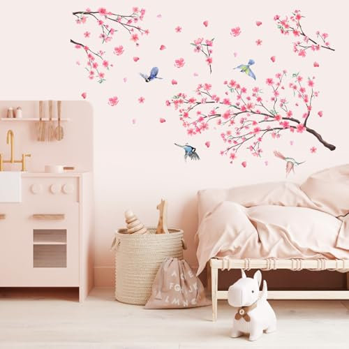 EUIEUT 2 Rotoli di Adesivi Murali Fiori di Ciliegio Rosa 60x30cm Sticker da Muro Uccelli Ramo di Albero Adesivi da Parete Albero in Fiore Adesivo Muro Decorativo per Camera da Letto Soggiorno Ufficio