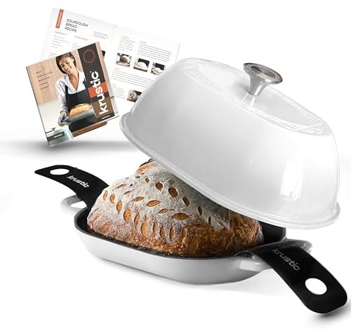Krustic Schmortopf aus emailliertem Gusseisen für professionelles Sauerteigbrot, ovaler Kochtopf mit Deckel, dreischichtige Emaille-Beschichtung, antihaftbeschichtete Silikonmatte, 5,5 l, Weiß