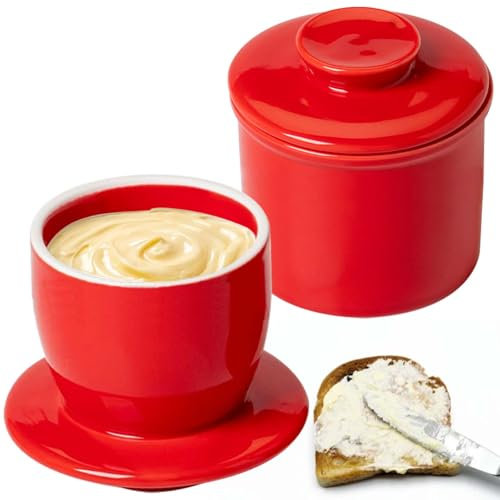 Mantequera francesa de cerámica con tapa redonda, enfriada por agua con línea de flotación, campana de mantequilla, campana de cerámica para untar, color rojo