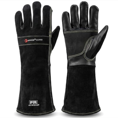 AOUCHI Cowhide BBQ Welding Gloves for Women and Men, | Long Sleeve Fireproof and Heat Resistant Mitts for Barbecue, TIG MIG, Firefighting, Fireplace (Black, Large)