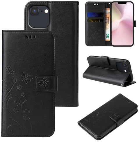 LBH Handy Hülle kompatibel mit Apple iPhone 17e / 16e Case Handytasche Schmetterling Blumen Flower Standfunktion Schutzhülle Magnet Rundum Schutz 360 Grad Flipcase Cover Schwarz