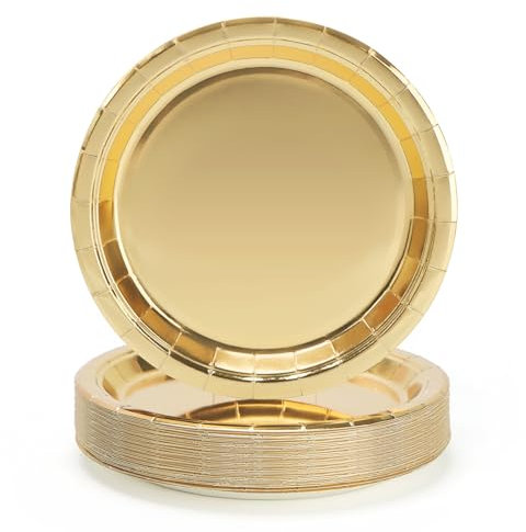 PARTY GO 50 Pcs 9 Paper Plates for Dinner and Dessert Disposable Plates Party Supplies Pack for Graduation Holiday Wedding Birthday Party Baby Shower Decorations Gold
