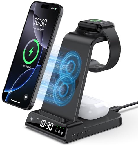 Wireless Charger for Apple, 3 in 1 Wireless Charging Station with Clock for iPhone 16/15/14 Series, for Apple Watch Charger with iWatch 10/9/8/7/6/SE, Wireless Charger Stand with Air Pods 4/Pro