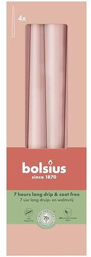Bolsius Smooth Tapered Candles - Misty Pink - Set of 4 in Box - 9.7″ - Decorative Household Candles - Burning Time 7 Hours - Unscented - Natural Plant Wax - Without Palm Oil