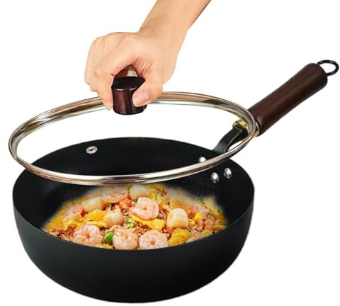 Genérico Japanese Wok, Hand-Forged Iron Pan with Wooden Lid, Thick Sturdy Non-Stick Cookware for Induction Stove, Hob, Open Flame, Kitchen, Restaurante, Home Cooking, Outdoor Camping