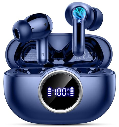 Auriculares Inalámbricos Bluetooth, 2025 Cascos Inalambricos Bluetooth 5.4 HiFi Estéreo, 36H Auriculares con Reducción de Ruido ENC, Audifonos Inalambricos IP7 Impermeable Carga Rápida USB-C, Azul