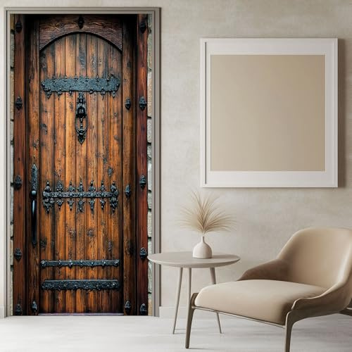 Türtapete Selbstklebend Altes Schloss Rustikale Holztür 86x200 cm Braun, Türaufkleber Fototapete Türfolie Wasserdichte Abnehmbare Türposter Innentür Schlafzimmer Mädchen und Junge