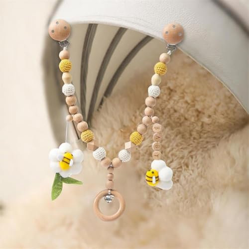 Ueiwffzo Kinderwagen Kette für Babys, Bienen Blumen Kinderwagen Kette aus Holz Anhänger, Baby Mobiles Kinderwagenkette Kinderwagen Zubehör