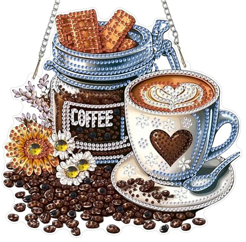 MXJSUA Dessert-Kaffee Diamond Painting Anhänger mit Kette Erwachsene, Diamant Painting Fensterbilder Hängende Ornament Bastelset Set für Wand Und Eingang Decor