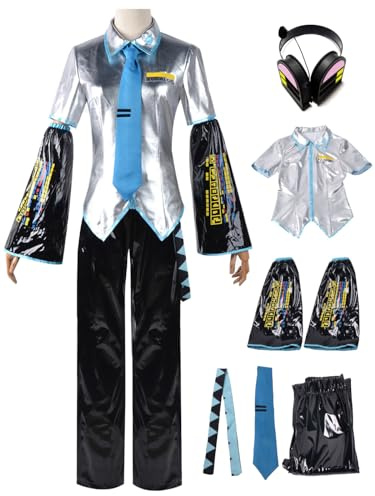 AYIMEIS Herren Miku Cosplay Kostüm Set mit Kopfhörer Miku Verkleidung Anime Miku Uniform Lackleder Weihnachten Halloween Karneval Party Bühnenauftritt Kostüm Erwachsene XXS-3XL