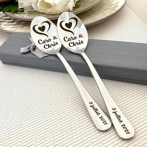 2 personalisierte Löffel mit Gravur – Hochzeitsgeschenk & Geschenk zum Jahrestag für Paare – Namen, Datum oder Wunschtext – Edelstahl – Geschenkbox