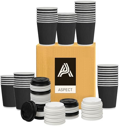 Aspect Coffee Cups with lids, 50 x 8oz Triple Wall Ripple Kraft Paper for Hot & Cold Drinks(Black)