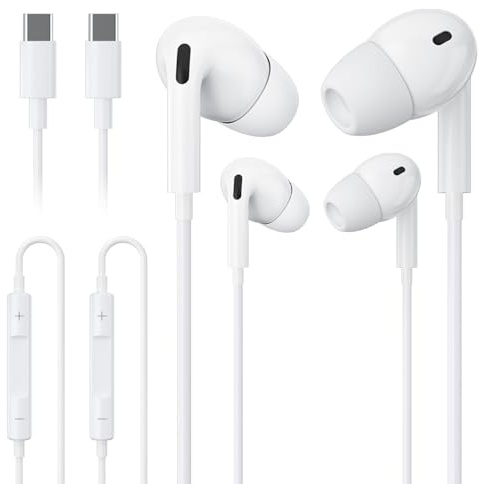 2 Pack USB C Headphones, Type C Wired Earphones iPhone, In Ear Earbuds USB C with Noise Cancelling Volume Contro &l Mic for iPhone 15/16/17,iPad,Samsung Galaxy S25/S24/S23/S22/S21,Pixel 7/6,Huawei