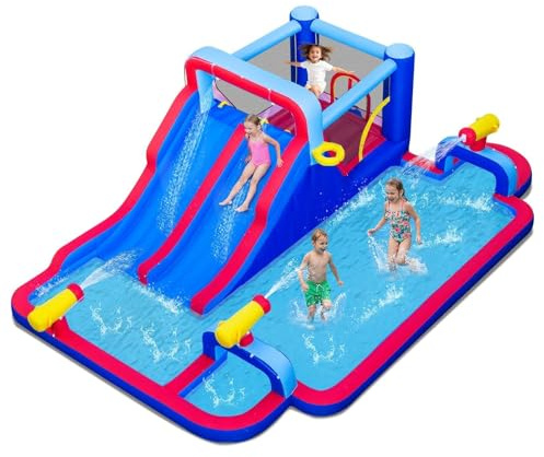COSTWAY Parco Gonfiabile Scivolo d'Acqua, Grande Castello Gonfiabile con Doppio Scivolo, Piscina d'Acqua, Area Salto, Parete Arrampicata, Canestro da Basket e 3 Cannoni d'Acqua, 646 x 418 x 211 cm