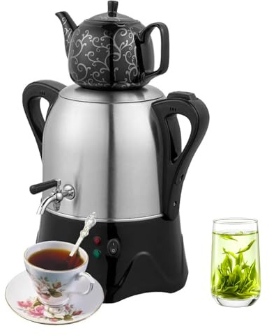 Macchina per Tè Turco, Samovar Elettrico 2000W con Funzione Mantieni Caldo e Spegnimento Automatico, Teiera 3L in Acciaio Inox e Teiera 1L in Ceramica per Caffè e Tè Aromatizzato black