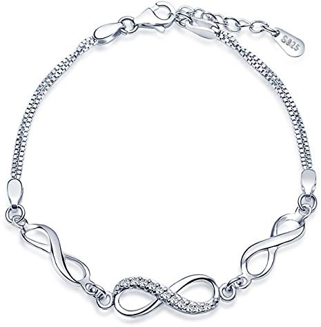 Unendlich U Klassisch Infinity Unendlichkeit Symbol Damen Armband 925 Sterling Silber Zirkonia Armkette Verstellbar Charm Armkettchen, Silber/Rosegold (Silber(mit Geschenkbox))