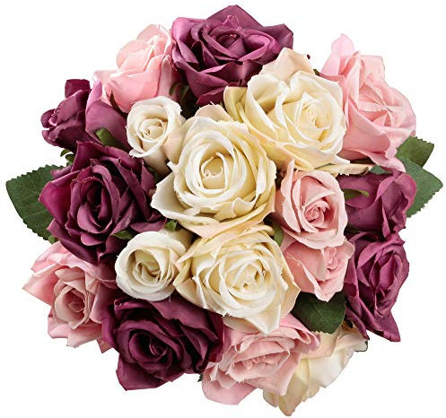 Famibay Fiori Artificiali Rose 18pcs Rose Finte Rosa e Fucsia Bouquet Fiori Seta per Matrimonio Mazzi di Fiore Fai Da Te Composizione Floreale Centrotavola Festa Giardino Casa San Valentino