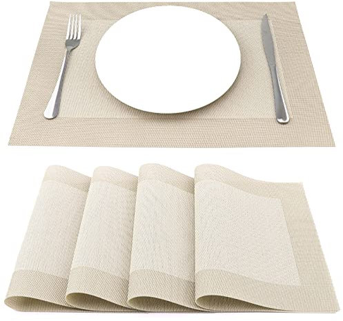 SueH Design Gewebte Platzsets Tischsets 4er Set Vinyl Hitzebeständig Platzdeckchen Antifouling und Waschbar 45 cm * 30 cm, Gold