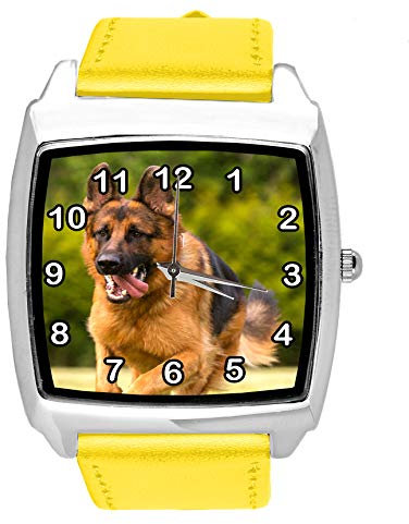 TAPORT® Quarzuhr gelbes Lederband quadratisch mit Deutschem Schäferhund