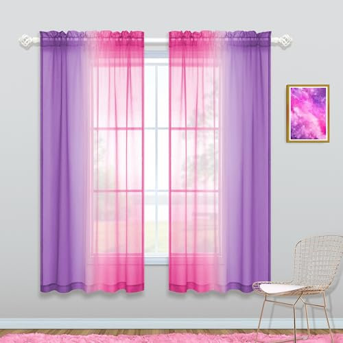 KOUFALL Rosa und Violett Vorhänge 160 cm Länge für Mädchen Zimmer Dekor 2 Paneele Set Kawaii Regenbogen Fenster Durchscheinend Ombre Lavendel Flieder Teen Vorhänge für Schlafzimmer Dekorationen