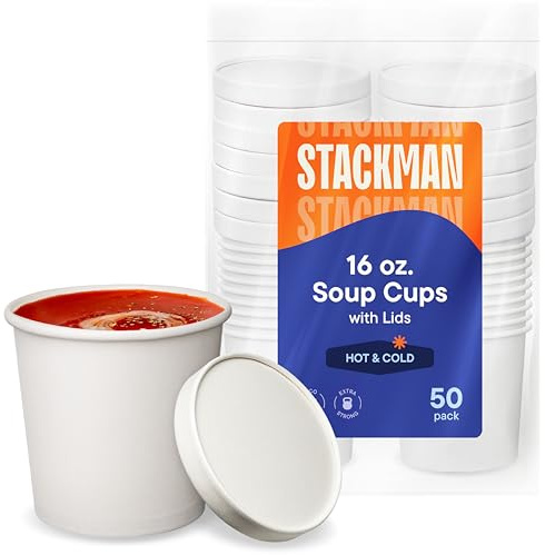 [16 oz. - 50 Sets] Paper Food Container with Lid, Insulated Paper Food Cup with Paper Vented Lid, Hot or Cold to Go Containers, Soup Container, Ice Cream Cup, Yogurt Cup, Eco-Friendly White Container