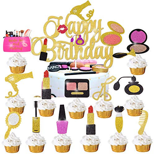 Spa Makeup Cake Cupcake Topper Decorations for Girls Women Happy Birthday Bridal Shower Spa Themed Party Bachelorette Salon 25Pcs Gold Glitter Cosmetics Cake Cupcake Toppers Supplies