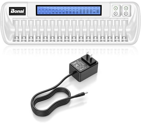 Bonai 16+2 Bay AA AAA 9V Battery Charger for NiMH Rechargeable Batteries Independent Control with Smart LCD Display and AC Wall Adapter, Battery not Included - White