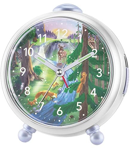 Atrium Kinderwecker Mädchen Jungen Fox & Friends Waldtiere Grün Blau Weiß Analog Quarz ohne Ticken mit Licht und Snooze A932-3