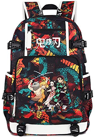 Roffatide Anime Demon Slayer Laptop-Rucksack für 15,6 Zoll Schultasche Bedruckte Tagesrucksäcke mit USB-Ladeanschluss Camo Rot